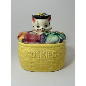 Vintage Cat in Fruit Basket Ceramic Cookie Jar Yellow Woven Kitsch Retro Decor
